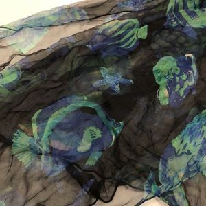 Redfish designs Silk Scarf 100% Black w Green & Blue Fish Excellent Condition